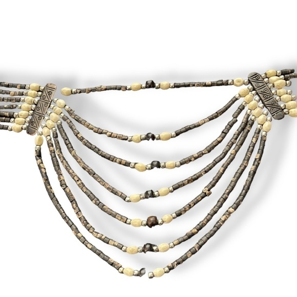 Bohemian Handcrafted Beaded Tropical Choker Necklace 17” Bone and Brown Beading - Picture 9 of 9